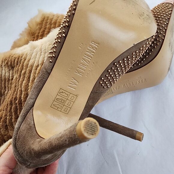 Ivy Kirzhner Fur & All Leather boots Size 8 Mid-Calf Rose Gold Studded Heeled - Picture 8 of 12
